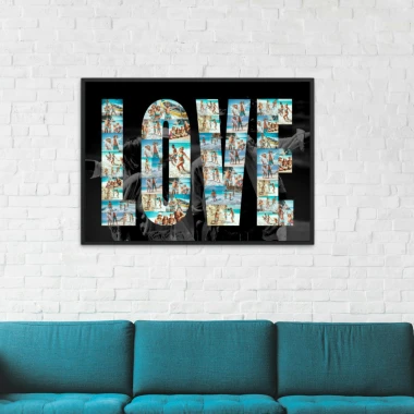 Kolaż ze zdjęć na prezent w formie napisu 50x70 cm - Wzór graficzny. Duże litery LOVE wypełnione zdjęciami na ciemnym tle