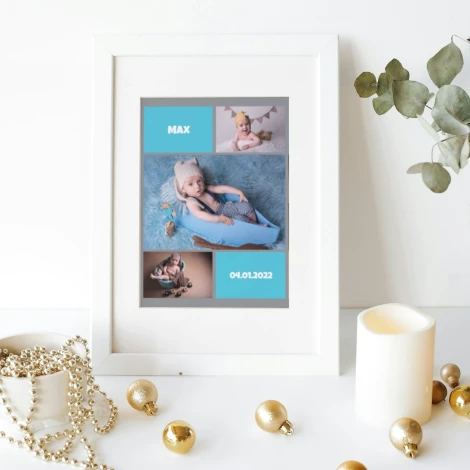 Plakat kolaż ze zdjęciami 20x30 cm - Wzór graficzny. Kolaż z czterema zdjęciami na niebieskim tle