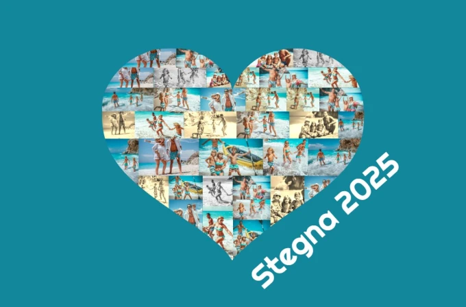 Plakat kolaż ze zdjęć w kształcie serca 30x40 cm - Wzór graficzny. Kształt serca wypełniony zdjęciami ludzi na plaży