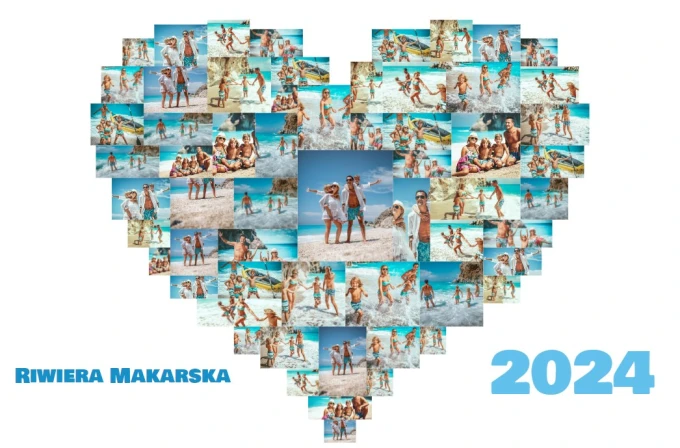 Plakat kolaż ze zdjęć w kształcie serca 30x40 cm - Wzór graficzny. Kształt serca wypełniony zdjęciami ludzi na plaży