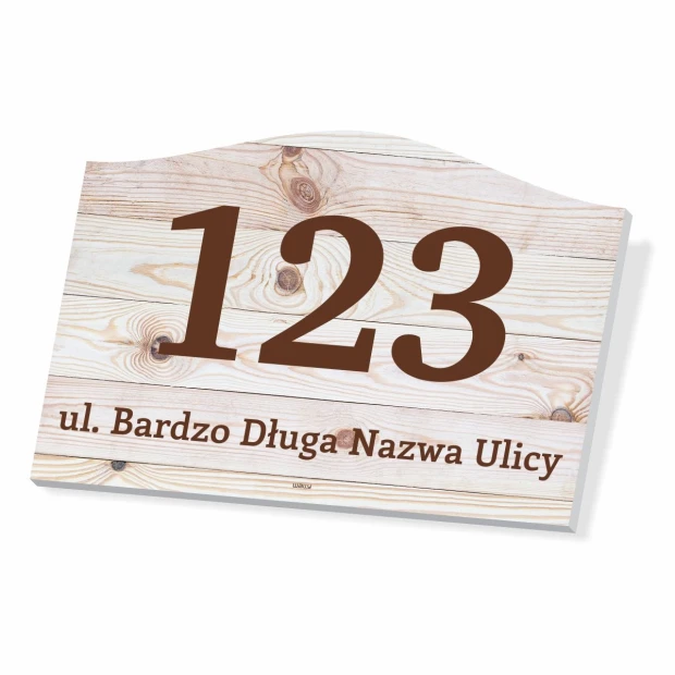 Tabliczka na dom numer posesji, ulica - Wzór graficzny. Prostokątna tabliczka z numerem 123 i napisem ul. Bardzo Długa Nazwa