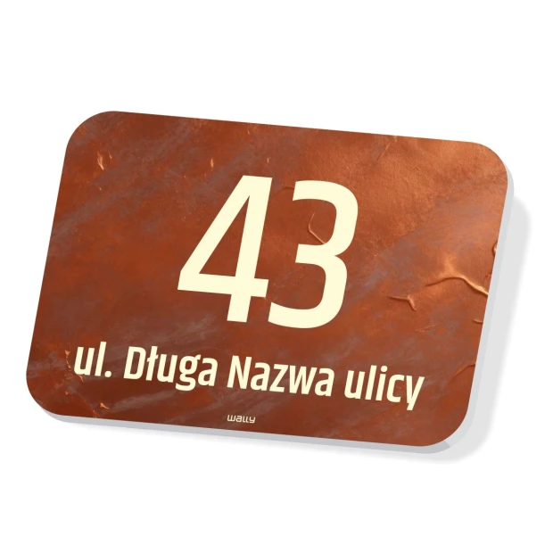 Tabliczka adresowa z polem na numer domu i ulicę w ujęciu pokazującym jej grubość oraz zaokrąglone narożniki