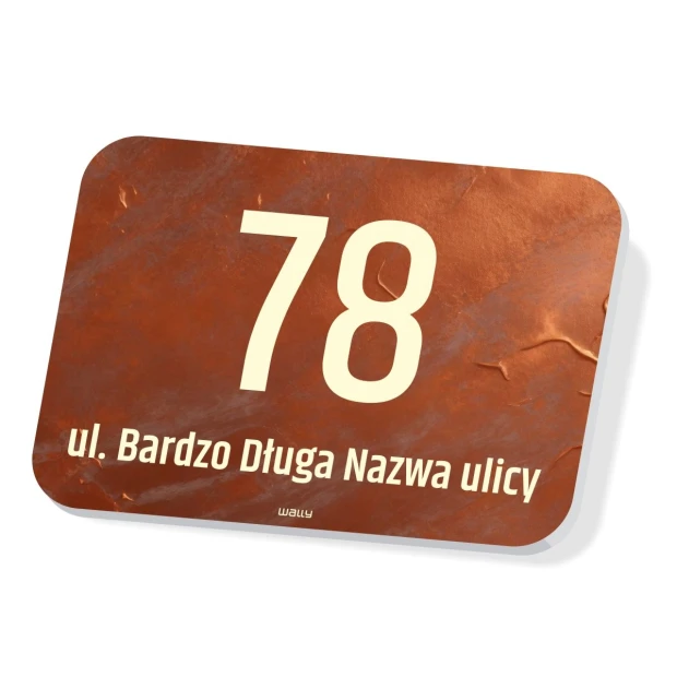 Tabliczka adresowa z polem na numer domu i ulicę, z zaokrąglonymi narożnikami i efektem cienia na białym tle