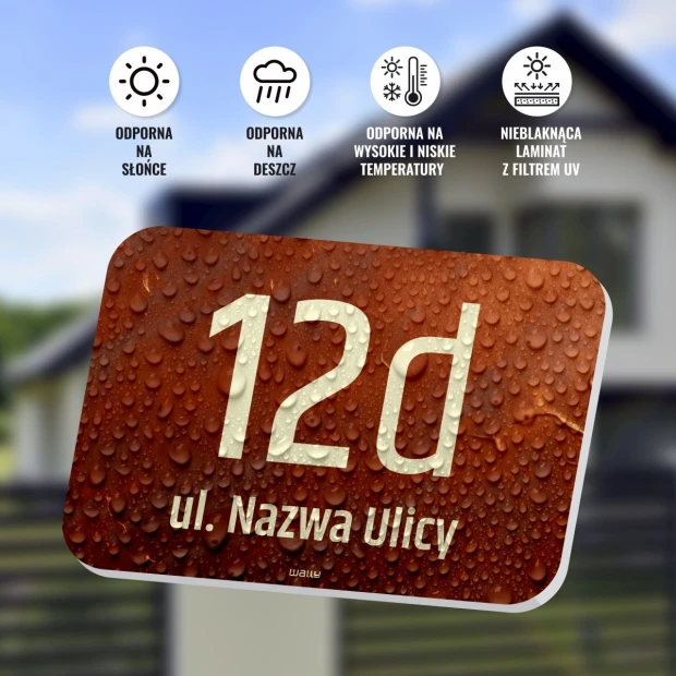 Infografika prezentująca odporność tabliczki z polem na numer domu i ulicę na warunki atmosferyczne