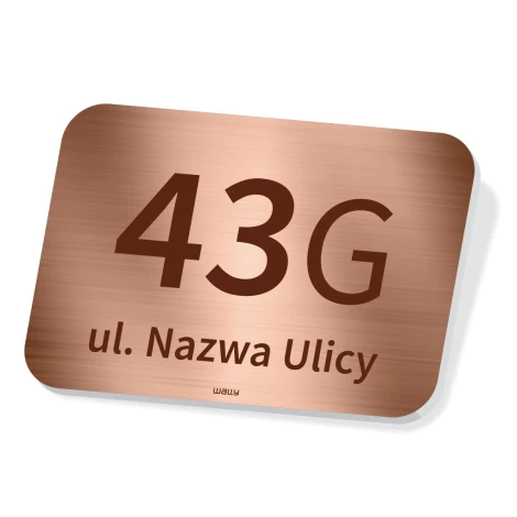 Tabliczka na dom, ogrodzenie z numerem posesji, ulicą - Wzór graficzny. Prosta forma, duże cyfry, tekst na tle metalicznym