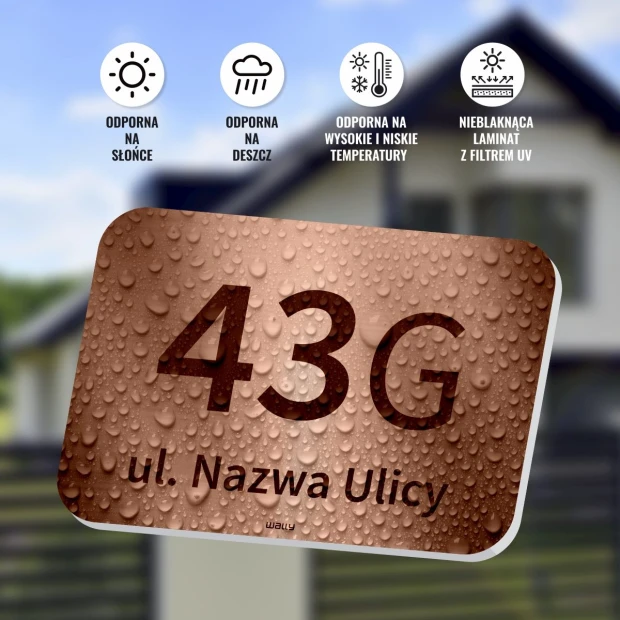 Tabliczka na dom, ogrodzenie z numerem posesji, ulicą - Wzór graficzny. Prostokątna tabliczka z numerem 43G i napisem ul