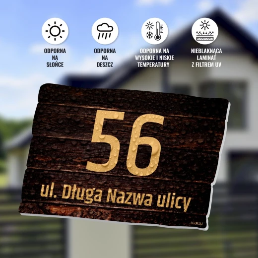 Infografika prezentująca tabliczkę adresową z kroplami wody oraz ikonami odporności na warunki atmosferyczne