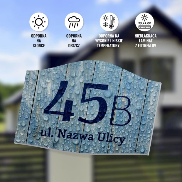 Tabliczka na dom z numerem posesji, ulicą - Wzór graficzny. Prosta forma, liczba 45B na tle deszczowych kropli