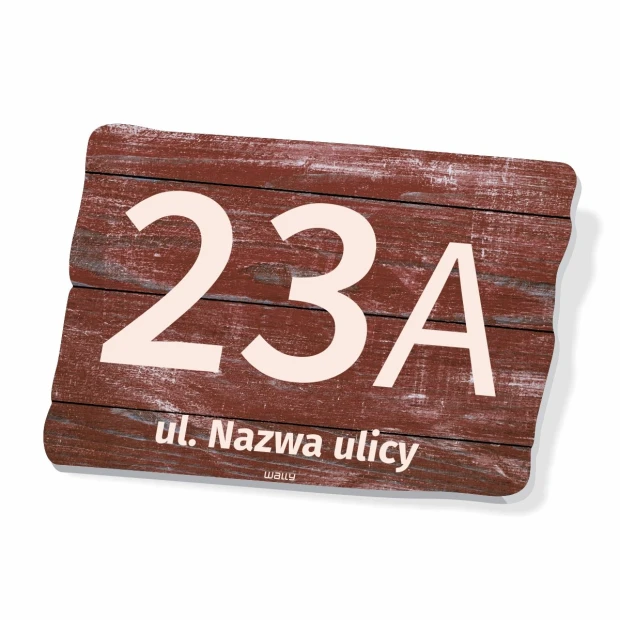 Tabliczka na posesję z numerem domu - Wzór graficzny. Prostokątna tabliczka z teksturą drewna, z dużym numerem 23A i napisem