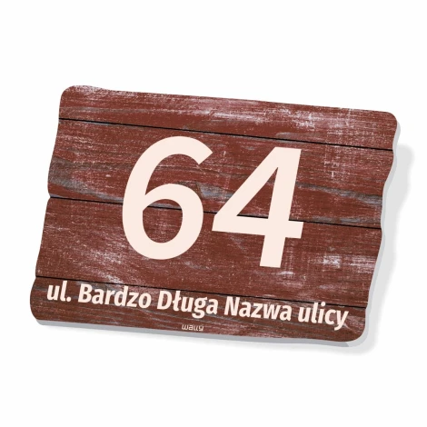 Tabliczka na posesję z numerem domu - Wzór graficzny. Kształt prostokątny, tło imitujące drewno, duży numer 64