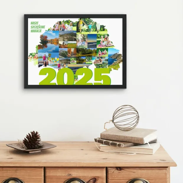 Plakat fotoplakat ze zdjęcia 30x40 cm - Wzór graficzny. Zawiera kolaż zdjęć w zielonych ramach z napisem 2025