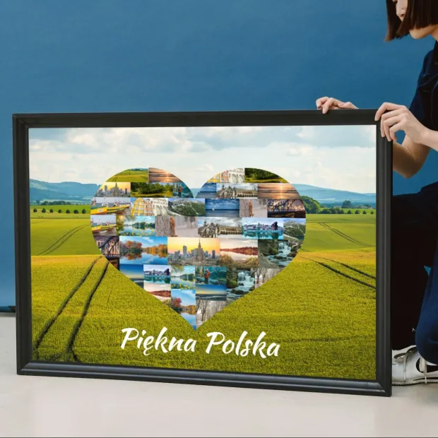 Plakat fotoplakat ze zdjęcia 40x50 cm - Wzór graficzny. Serce z różnych zdjęć przedstawiających Polskę na tle zielonego pola
