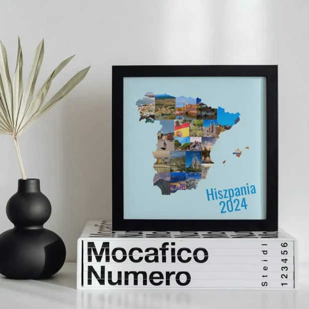 Plakat fotoplakat ze zdjęcia 50x50 cm - Wzór graficzny. Mapa Hiszpanii z różnymi zdjęciami i napisem Hiszpania 2024
