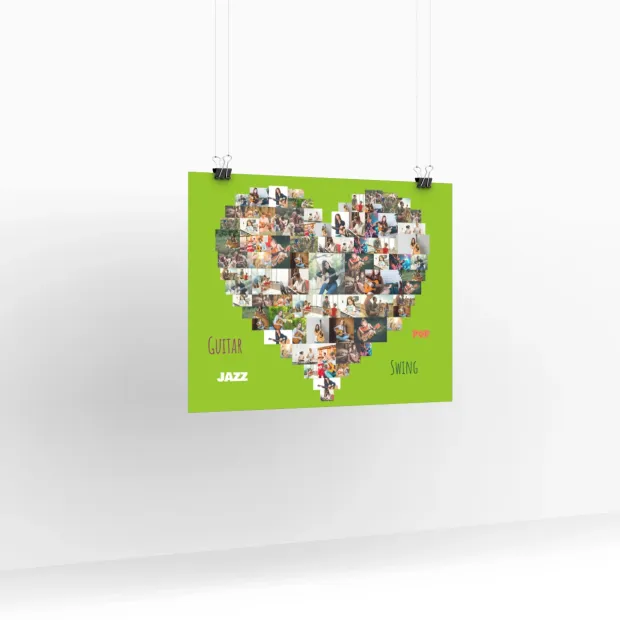 Plakat fotoplakat ze zdjęcia 70x100 cm - Wzór graficzny. Serce z mniejszych zdjęć na zielonym tle. Napisy Guitar, Swing