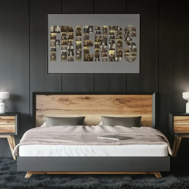 Plakat fotoplakat ze zdjęcia 70x100 cm - Aranżacja w sypialni. Ciemne ściany, drewniane meble, minimalistyczny styl