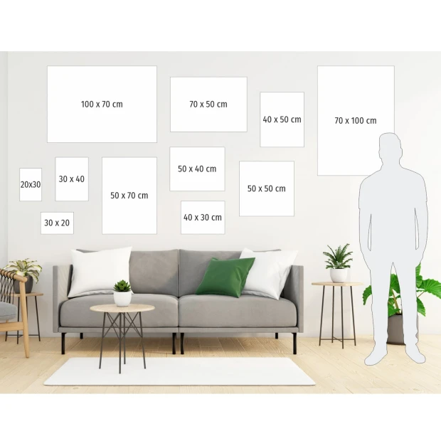 Plakat kolaż ze zdjęć w formie różnych kształtów 70x100 cm - Aranżacja w salonie. Ściany w jasnym kolorze, meble