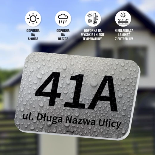 Infografika prezentująca odporność tabliczki adresowej na warunki atmosferyczne, deszcz i słońce