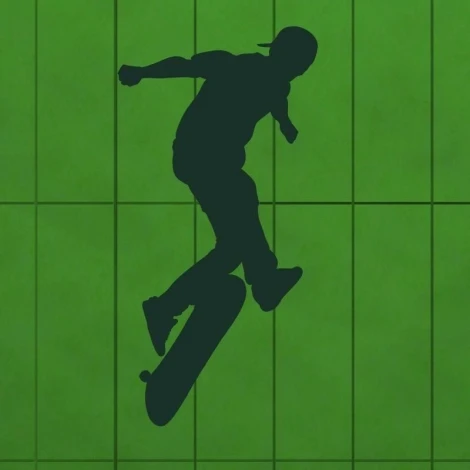 Szablon malarski skater 1019 - Wzór graficzny. Sylwetka osoby wykonującej trik na deskorolce na tle prostokątów