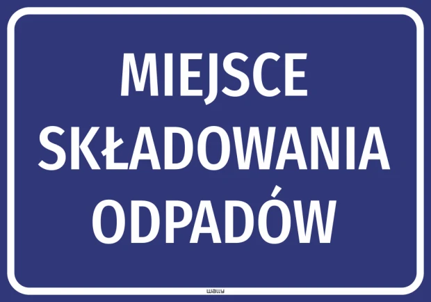 Niebieska naklejka BHP z białym napisem Miejsce składowania odpadów i ramką, przedstawiona na białym tle