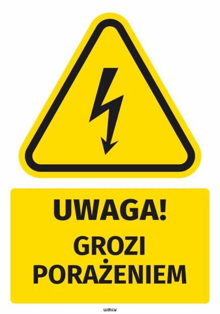 Naklejka BHP Uwaga! Grozi porażeniem - Wzór graficzny. Trójkąt z piorunem na żółtym tle, pod nim czarny napis