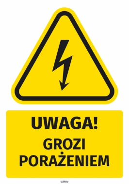 Naklejka BHP Uwaga! Grozi porażeniem - Wzór graficzny. Trójkąt z piorunem na żółtym tle, pod nim czarny napis