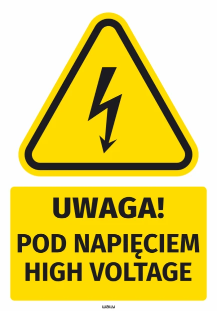 Naklejka BHP Uwaga! Pod napięciem, High voltage - Wzór graficzny. Trójkąt z błyskawicą na żółtym tle, pod nim prostokąt