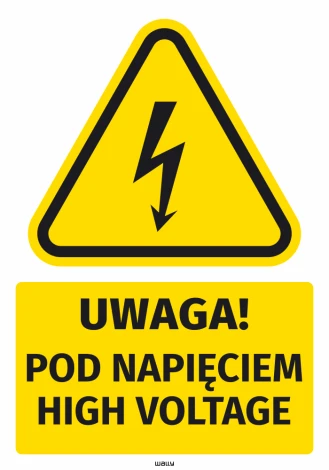 Naklejka BHP Uwaga! Pod napięciem, High voltage - Wzór graficzny. Trójkąt z błyskawicą na żółtym tle, pod nim prostokąt