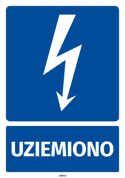 Naklejka BHP Uziemiono, z piktogramem błyskawicy - Wzór graficzny. Posiada niebieskie tło, biały błyskawicę i napis