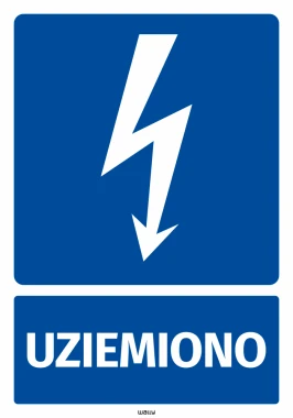 Naklejka BHP Uziemiono, z piktogramem błyskawicy - Wzór graficzny. Posiada niebieskie tło, biały błyskawicę i napis