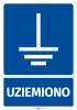 Naklejka BHP Uziemiono, z piktogramem uziemienia - Wzór graficzny. Niebieskie tło z białym symbolem uziemienia i napisem