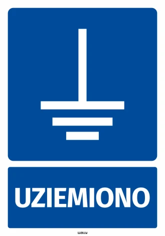 Naklejka BHP Uziemiono, z piktogramem uziemienia - Wzór graficzny. Niebieskie tło z białym symbolem uziemienia i napisem
