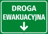 Naklejka informacyjna Droga ewakuacyjna ze strzałką w dół - Wzór graficzny. Zielone tło z białym napisem i strzałką w dół
