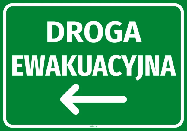 Zielona naklejka BHP z białym napisem Droga ewakuacyjna i strzałką w lewo, pokazana na białym tle