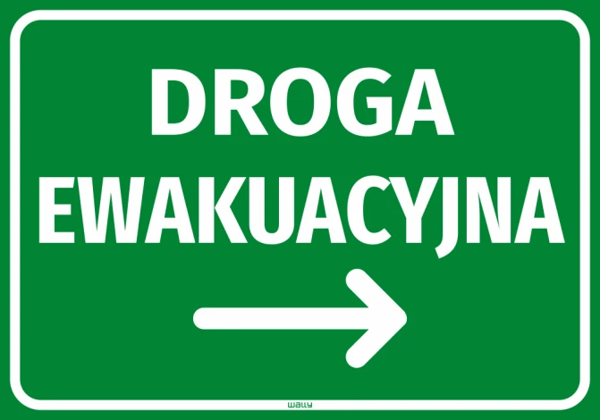 Naklejka informacyjna Droga ewakuacyjna ze strzałką w prawo - Wzór graficzny. Zielone tło z białym napisem i strzałką