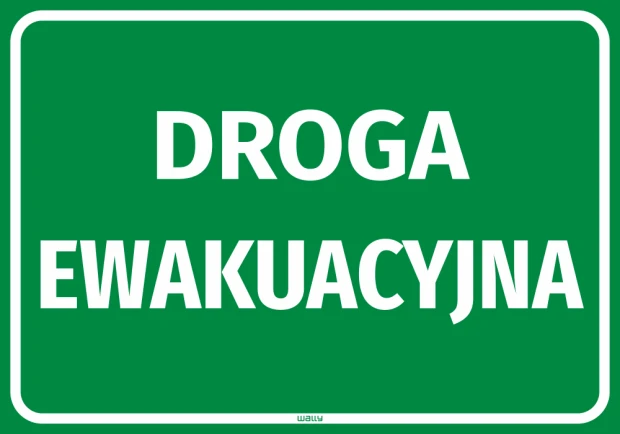 Zielona naklejka informacyjna BHP z białym napisem DROGA EWAKUACYJNA na drzwi lub ścianę budynku