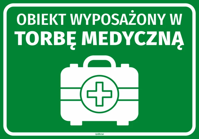Naklejka informacyjna Obiekt wyposażony w torbę medyczną - Wzór graficzny. Zielone tło z białym rysunkiem torby medycznej