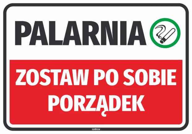 Naklejka informacyjna do palarni z zielonym piktogramem papierosa i czerwonym napisem nakazującym porządek