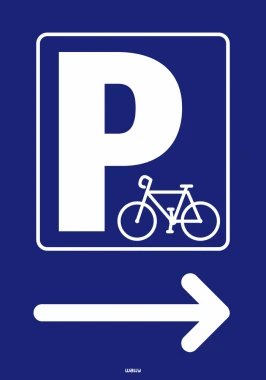 Naklejka informacyjna Parking dla rowerów ze strzałką w prawo - Wzór graficzny. Na niebieskim tle znajduje się duża litera P