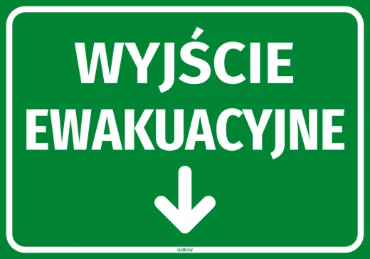 Zielona naklejka BHP z białym napisem Wyjście ewakuacyjne i strzałką w dół, przedstawiona na białym tle