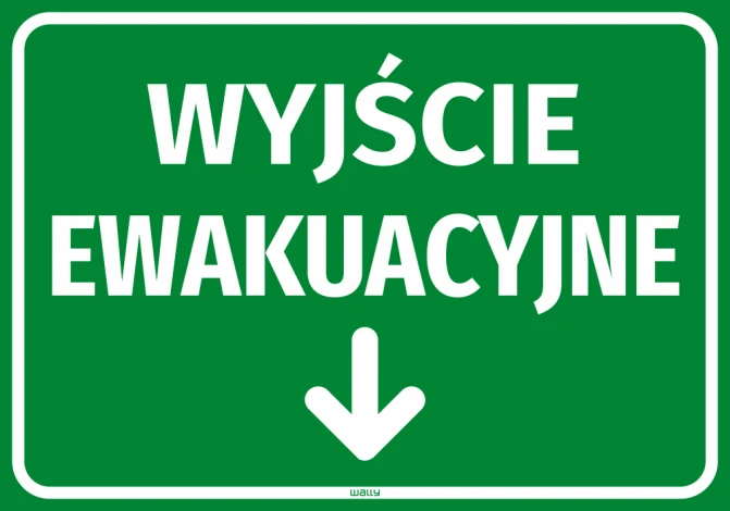 Naklejka informacyjna Wyjście ewakuacyjne Strzałka w dół - Wzór graficzny. Zielone tło, białe duże litery, strzałka w dół