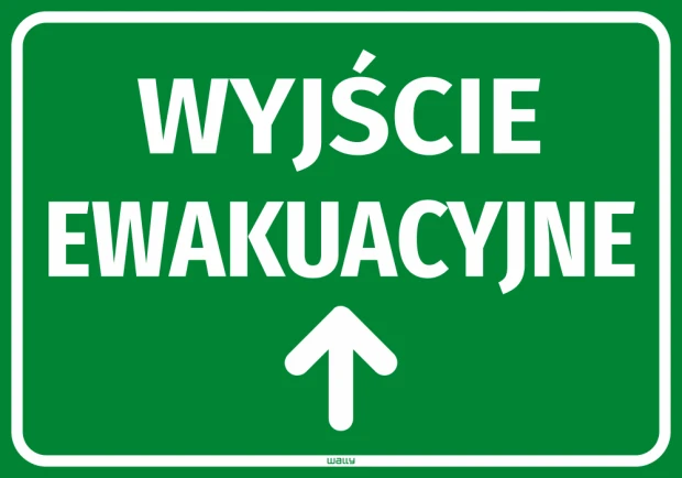 Naklejka informacyjna Wyjście ewakuacyjne Strzałka w górę - Wzór graficzny. Zielone tło z białym napisem i strzałką w górę