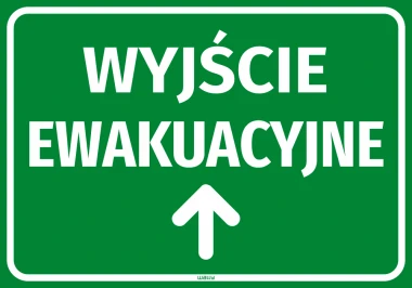 Naklejka informacyjna Wyjście ewakuacyjne Strzałka w górę - Wzór graficzny. Zielone tło z białym napisem i strzałką w górę