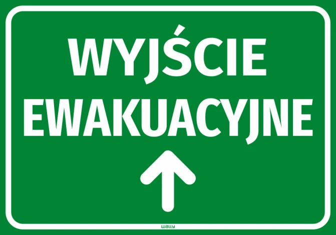 Naklejka informacyjna Wyjście ewakuacyjne Strzałka w górę - Wzór graficzny. Zielone tło z białym napisem i strzałką w górę
