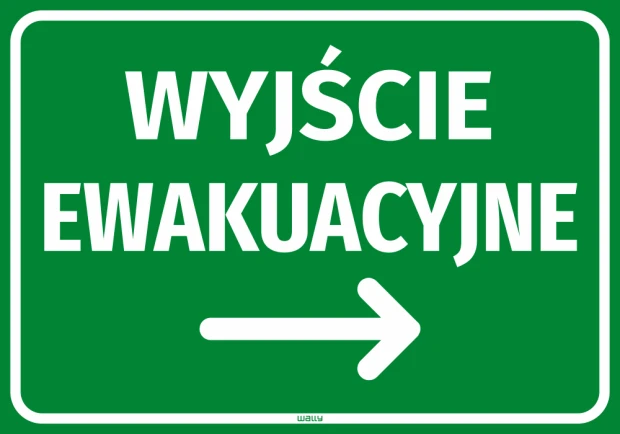 Naklejka informacyjna Wyjście ewakuacyjne Strzałka w prawo - Wzór graficzny. Zielone tło z białym napisem i strzałką