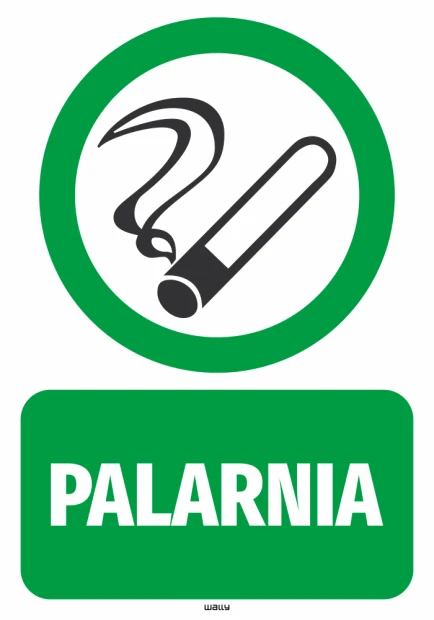 Naklejka Palarnia - Wzór graficzny. Okrągły zielony symbol z dymem i papierosem, pod nim prostokąt z napisem PALARNIA