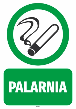 Naklejka Palarnia - Wzór graficzny. Okrągły zielony symbol z dymem i papierosem, pod nim prostokąt z napisem PALARNIA