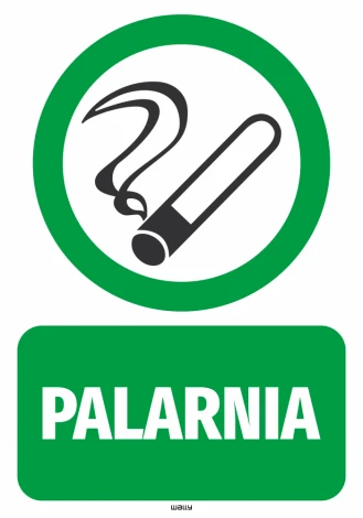 Naklejka Palarnia - Wzór graficzny. Okrągły zielony symbol z dymem i papierosem, pod nim prostokąt z napisem PALARNIA