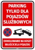 Naklejka Parking tylko dla pojazdów służbowych - Wzór graficzny. Czerwone tło z białym napisem oraz ikonami pojazdów