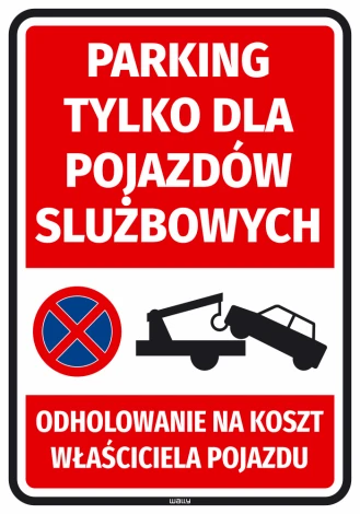 Naklejka Parking tylko dla pojazdów służbowych - Wzór graficzny. Czerwone tło z białym napisem oraz ikonami pojazdów