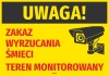 Naklejka Uwaga! Zakaz wyrzucania śmieci Teren monitorowany - Wzór graficzny. Żółte tło z czerwonymi napisami i czarną kamerą